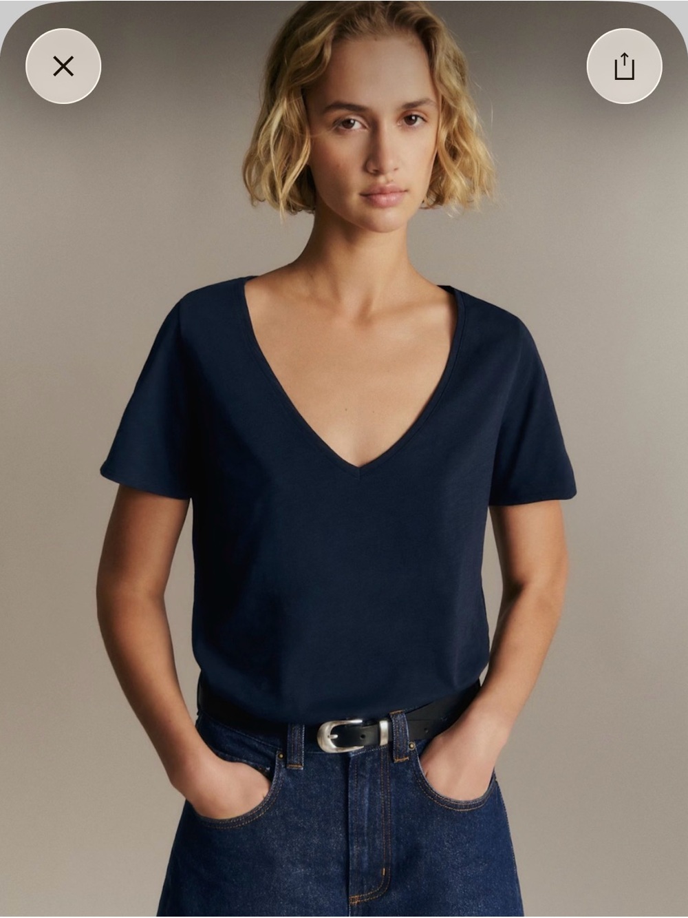 Sézane Malcolm Tee Navy Cotton Deep V-Neck T-Shirt XS